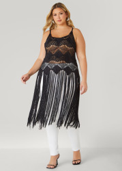 Plus Size Fringed Crochet Sweater, Black, 14/16 - Ashley Stewart