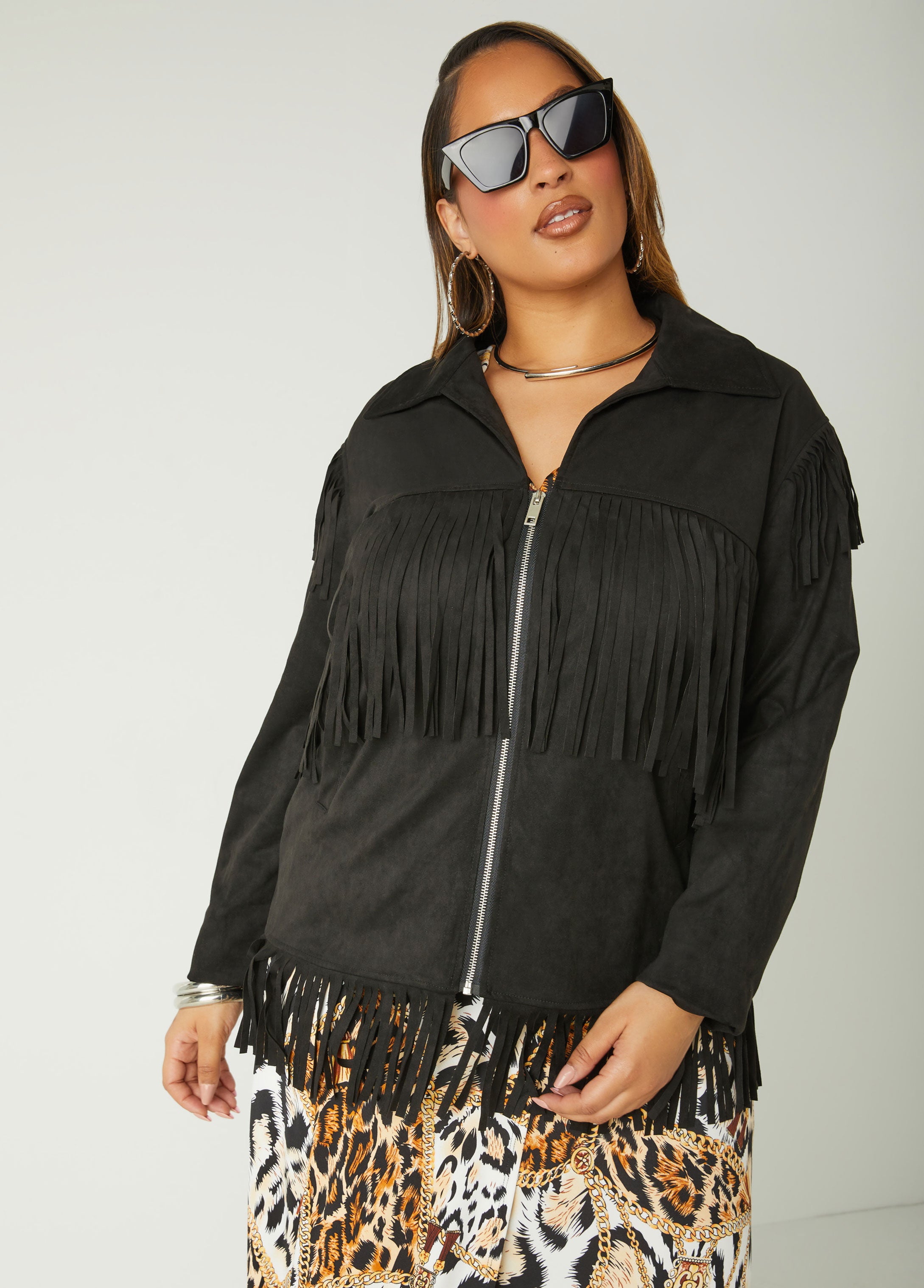 Plus Size Fringed Faux Suede Jacket, Black, 10 - Ashley Stewart