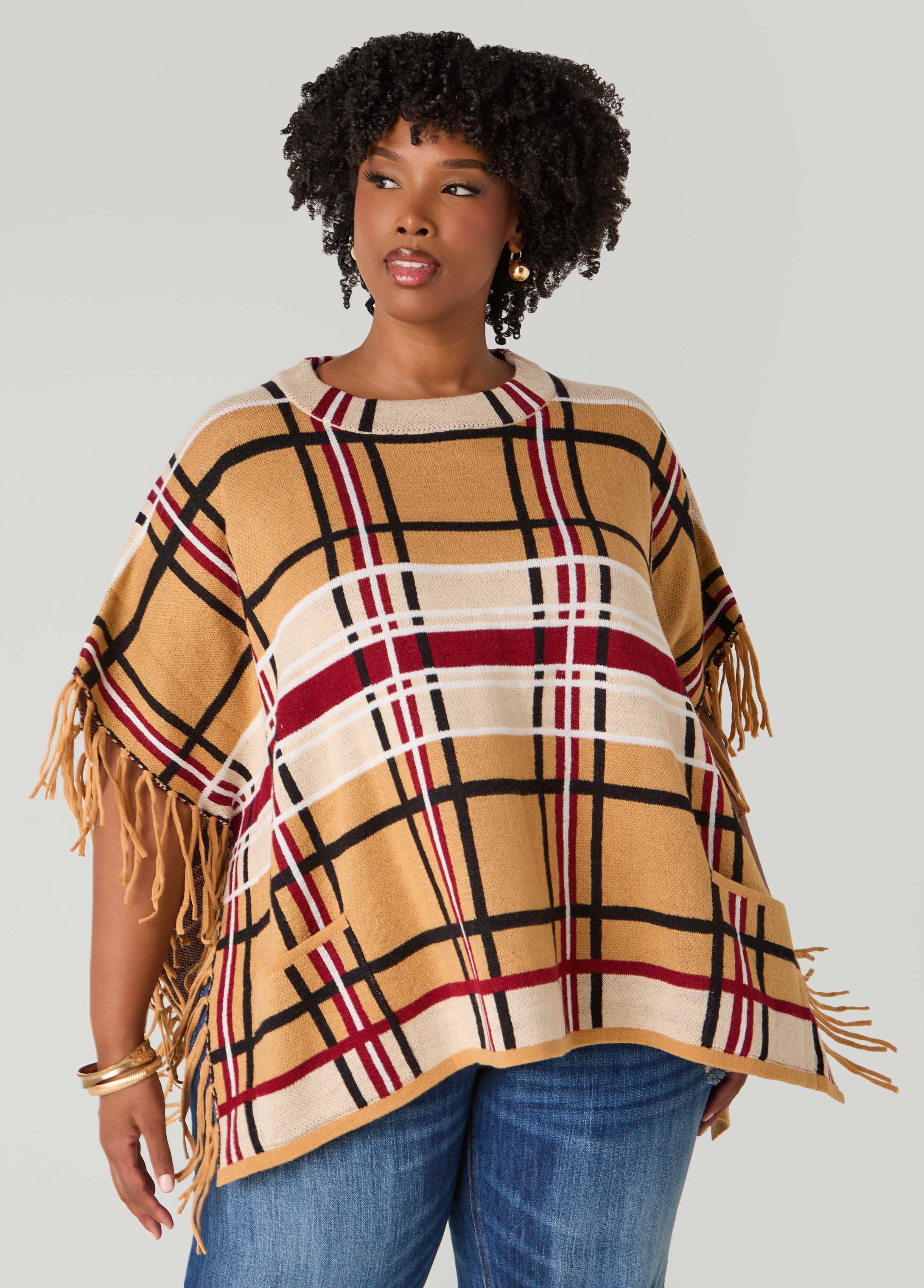 Plus Size Fringed Plaid Poncho, Iced Coffee, 26/28 - Ashley Stewart