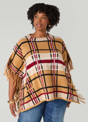 Plus Size Fringed Plaid Poncho, Iced Coffee, 26/28 - Ashley Stewart