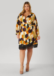 Plus Size Fringed Printed Satin Wrap Dress, Multi, 10 - Ashley Stewart