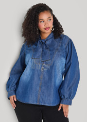 Plus Size Fringed Tie Neck Denim Blouse, Denim, 34 - Ashley Stewart