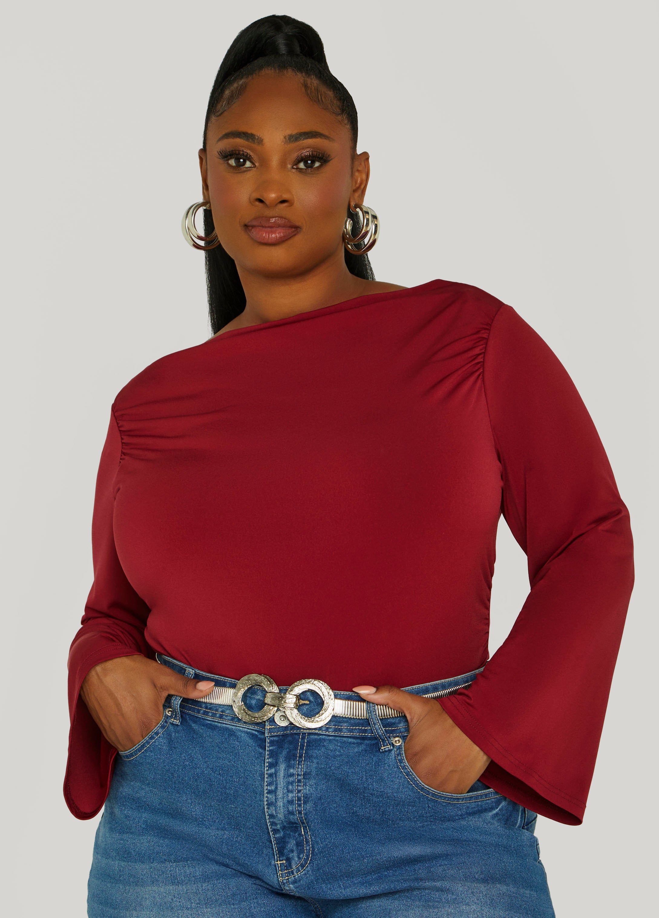 Plus Size Gathered Boat Neck Top, BIKING RED, 22/24 - Ashley Stewart