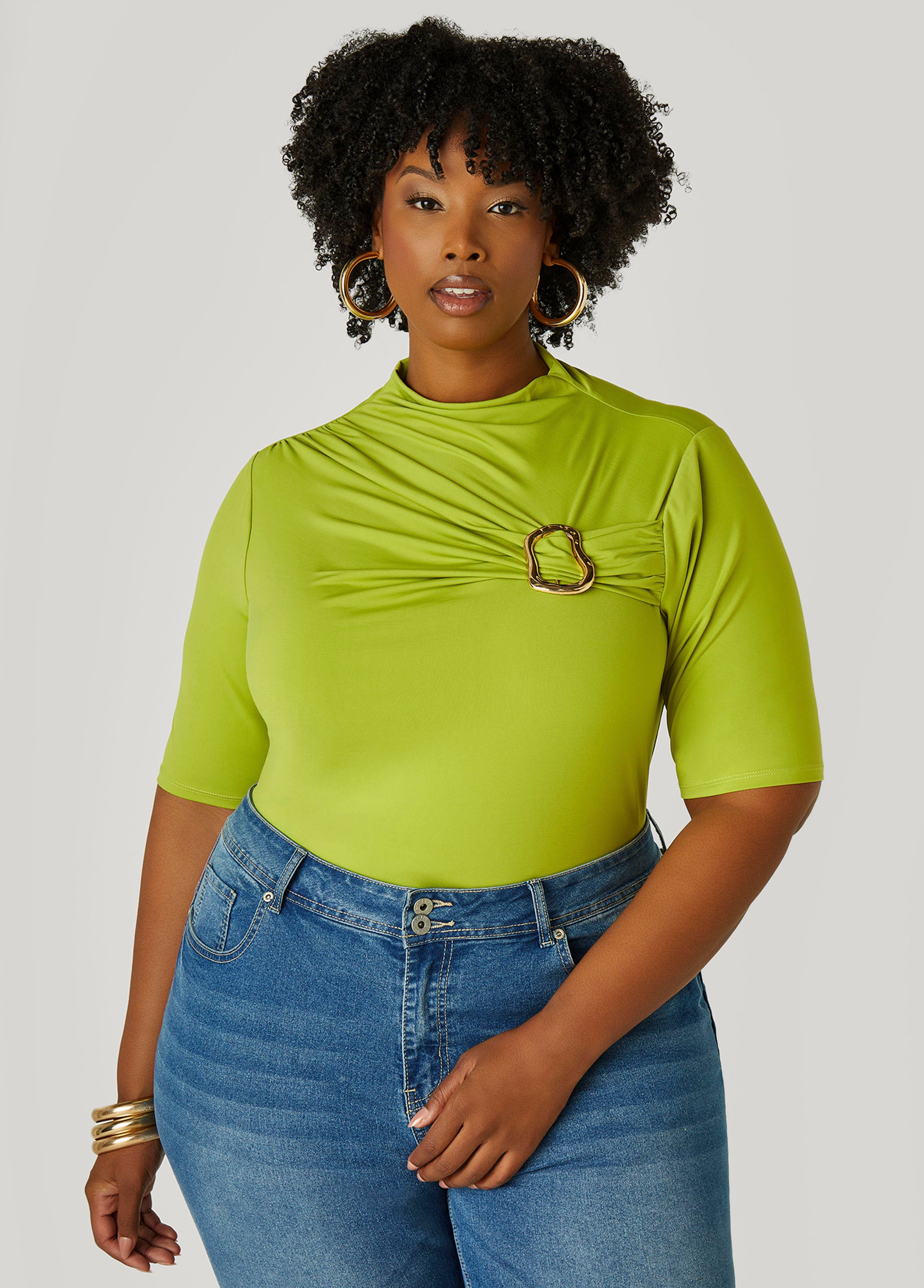 Plus Size Gathered Embellished Top, Dark Citron, 26/28 - Ashley Stewart