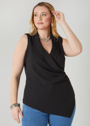 Plus Size Gathered Faux Wrap Top, Black, 30/32 - Ashley Stewart