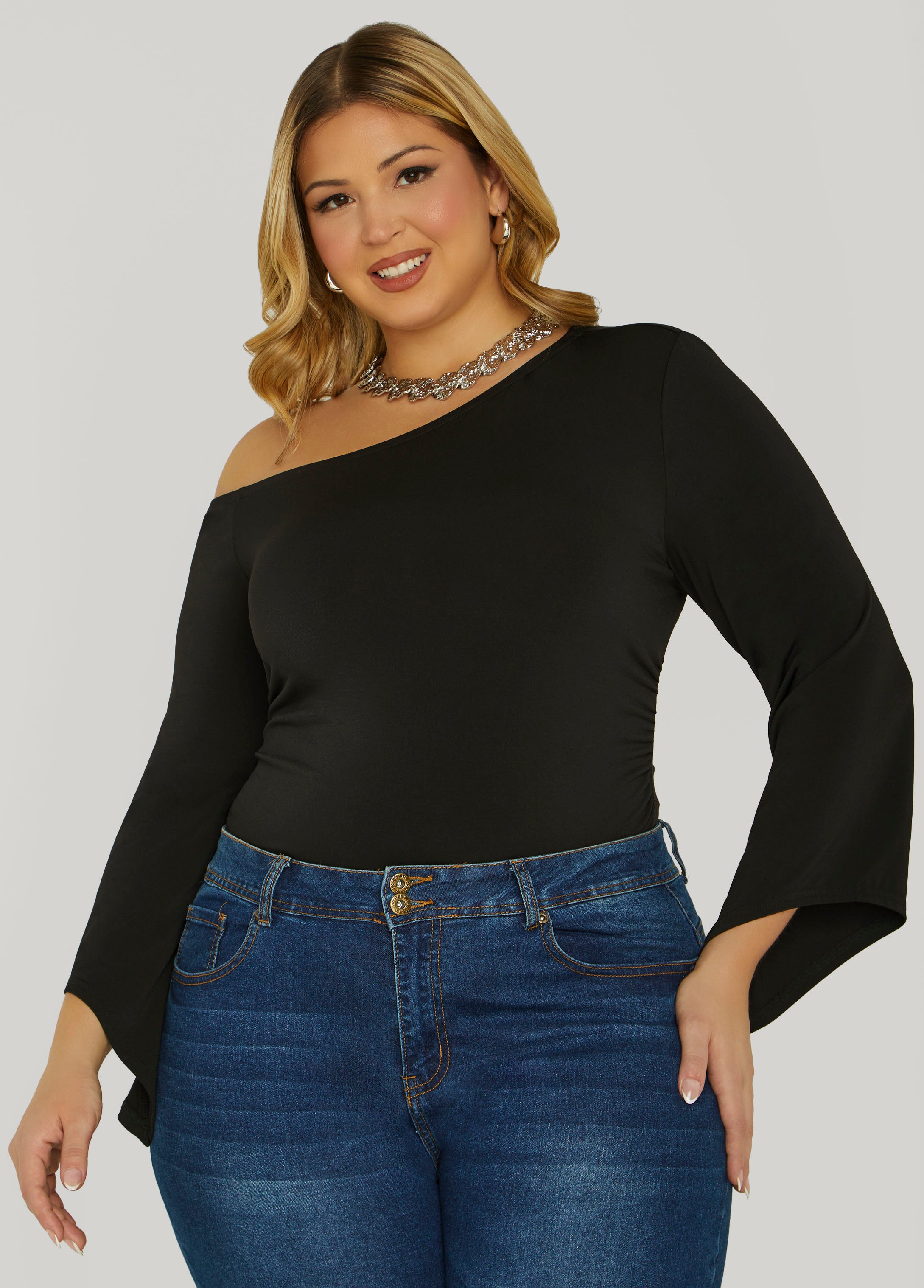 Plus Size Gathered Off The Shoulder Top, Black, 22/24 - Ashley Stewart