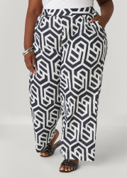 Plus Size Geo Print Cotton Pants, Black, 2X - Ashley Stewart