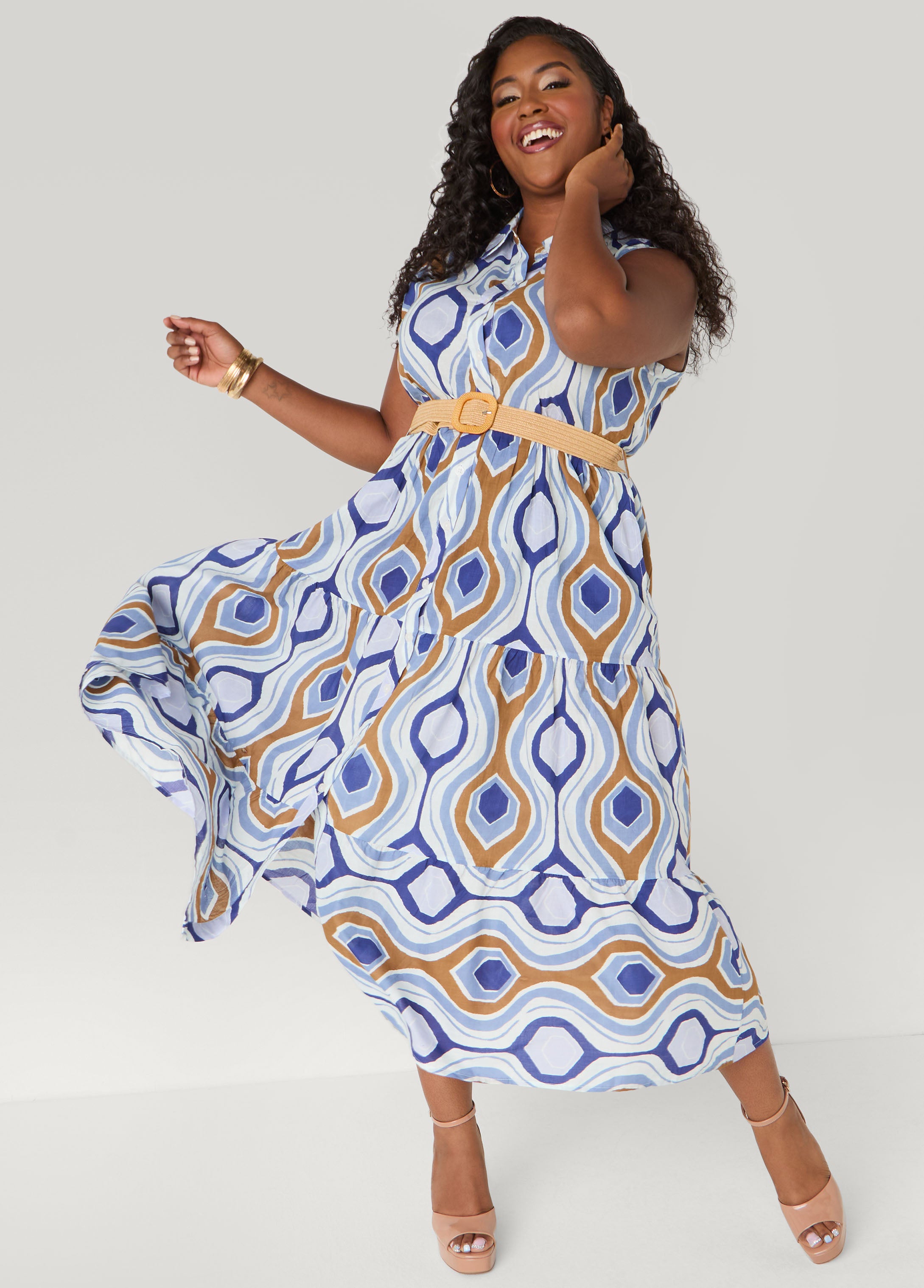 Plus Size Geo Print Maxi Shirtdress, Multi, 2X - Ashley Stewart