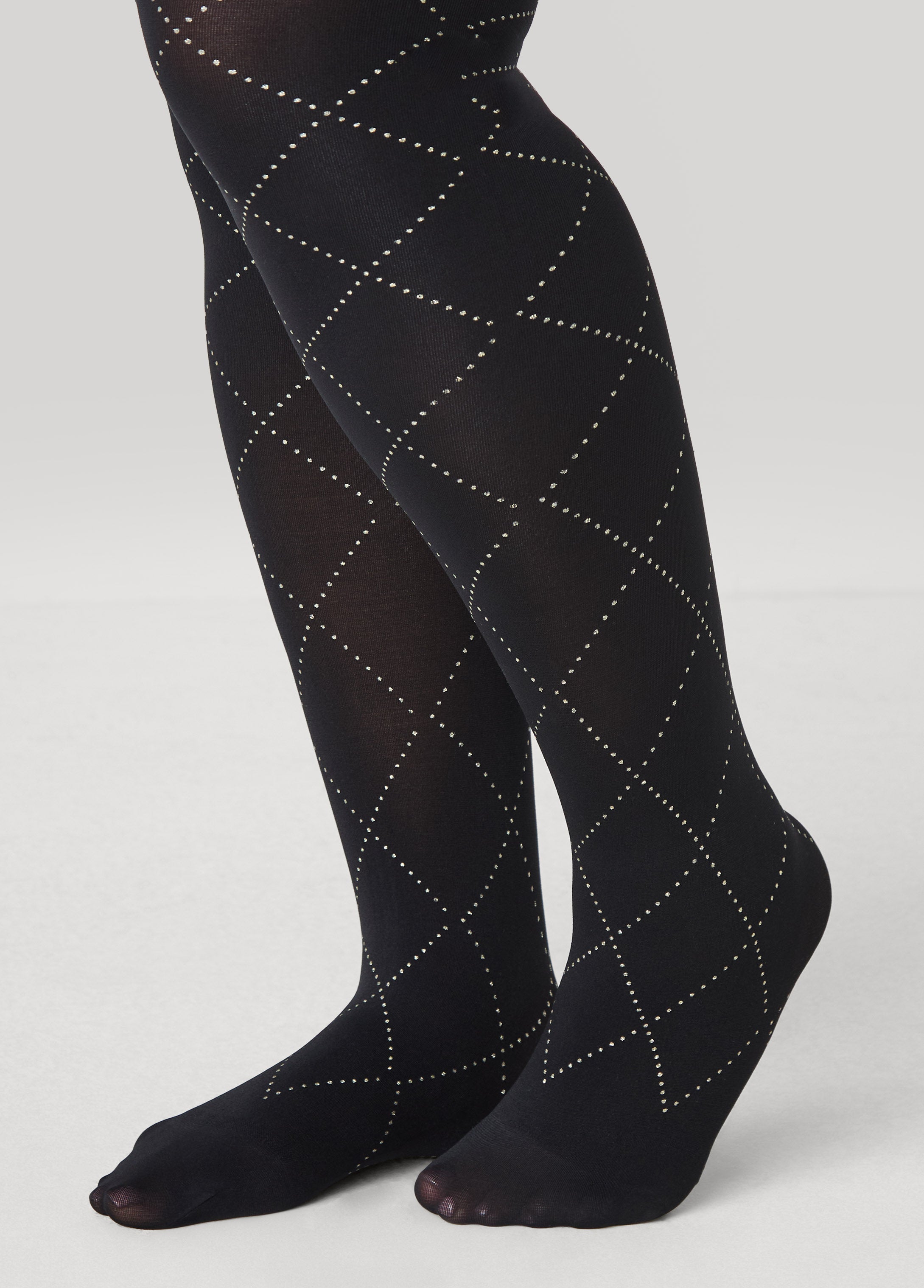 Plus Size Glittered Checked Opaque Tights, Black, E - Ashley Stewart