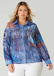Plus Size Graffiti And Denim Print Shirt, Blue, 30/32 - Ashley Stewart