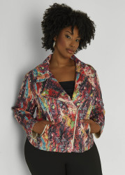 Plus Size Graffiti Print Moto Jacket, Multi, 10/12 - Ashley Stewart
