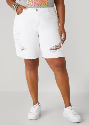 Plus Size High Rise Distressed Denim Shorts, White, 14 - Ashley Stewart