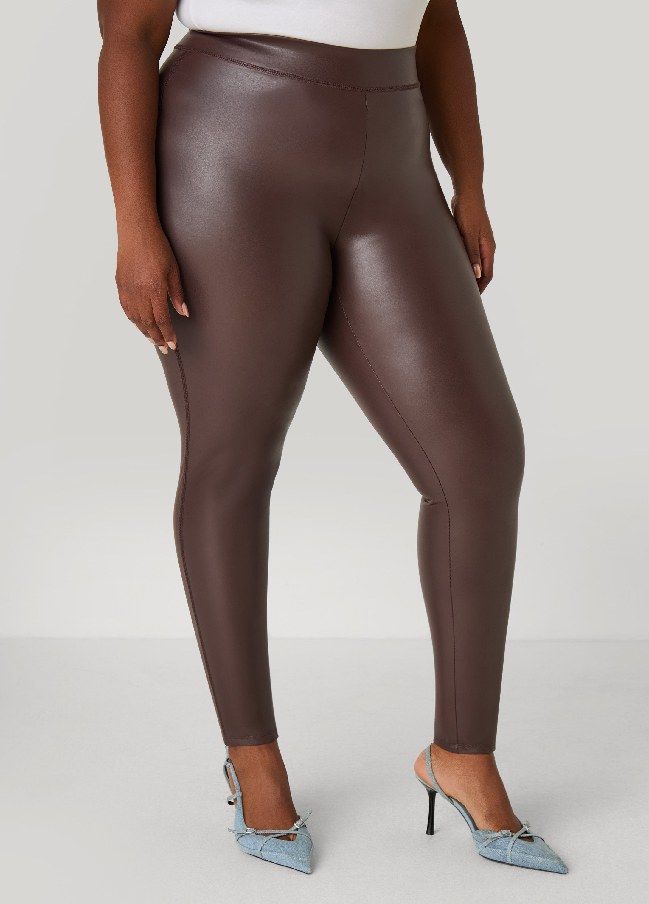 Plus Size High Rise Faux Leather Leggings, Seal Brown, 14/16 - Ashley Stewart