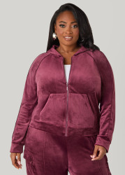 Plus Size Hooded Velour Track Jacket, MAUVE WINE, 26/28 - Ashley Stewart