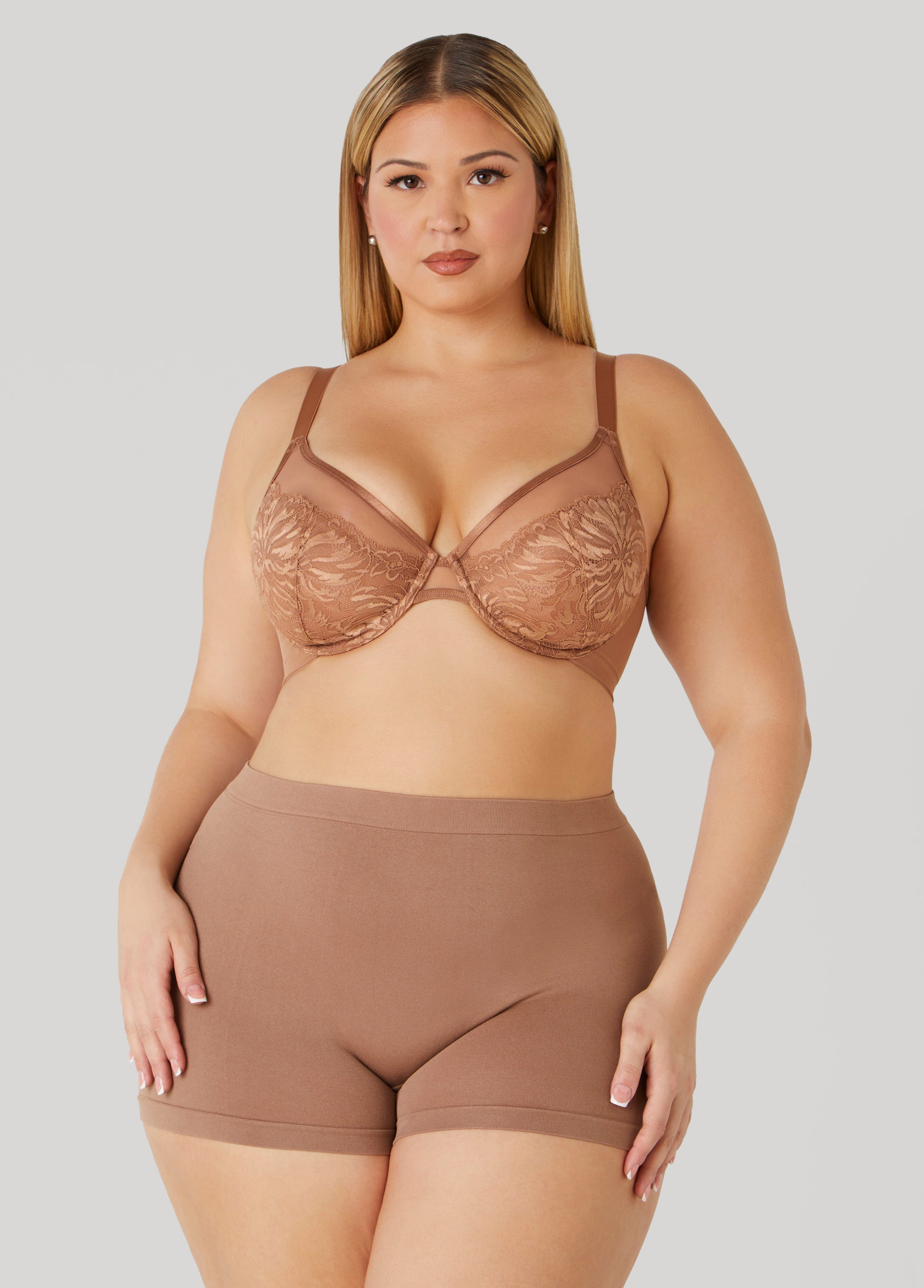 Plus Size Lace Paneled Mesh Underwire Bra, Umber, 40DD - Ashley Stewart