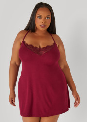 Plus Size Lace Trimmed Ribbed Chemise, Burgundy, 1X - Ashley Stewart