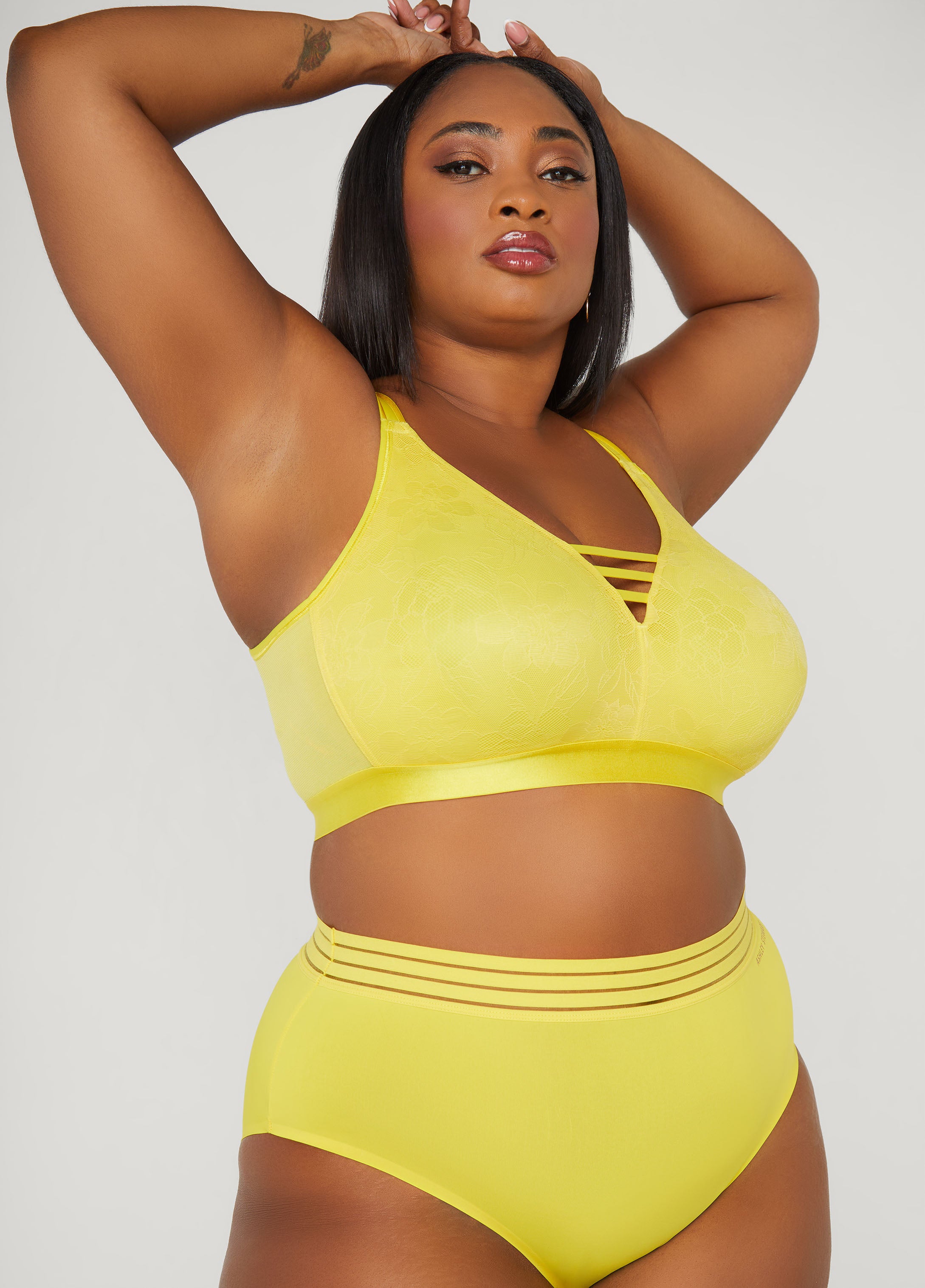 Plus Size Lattice Trim Lace Wireless Bra, Maize, 42DDD - Ashley Stewart
