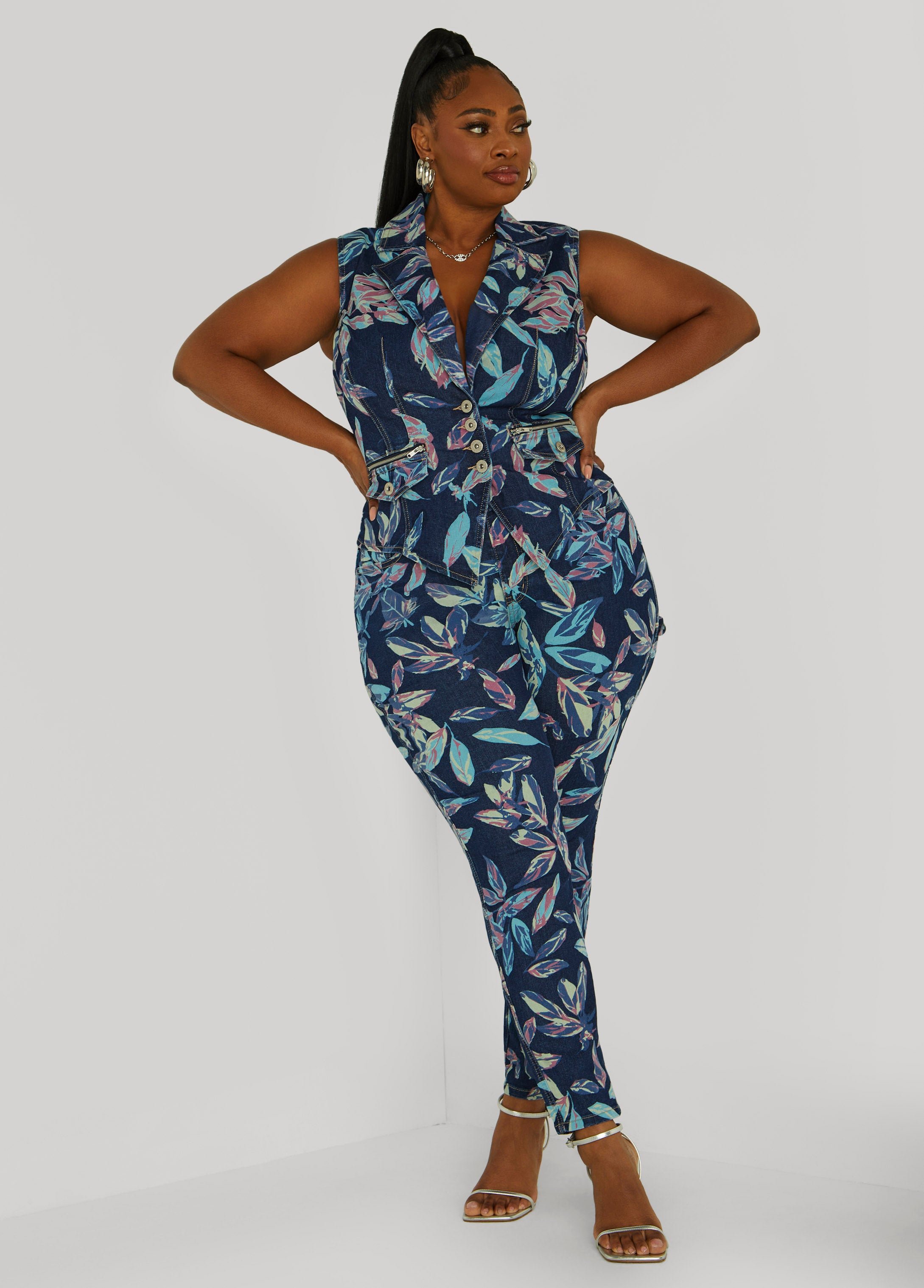 Plus Size Leaf Print Skinny Jeans, Multi, 14 - Ashley Stewart