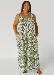 Plus Size Leaf Print Wide Leg Jumpsuit, Olive Night, 18/20 - Ashley Stewart