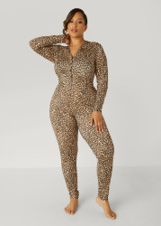 Plus Size Leopard Pajama Jumpsuit, Brown Animal, 2X - Ashley Stewart