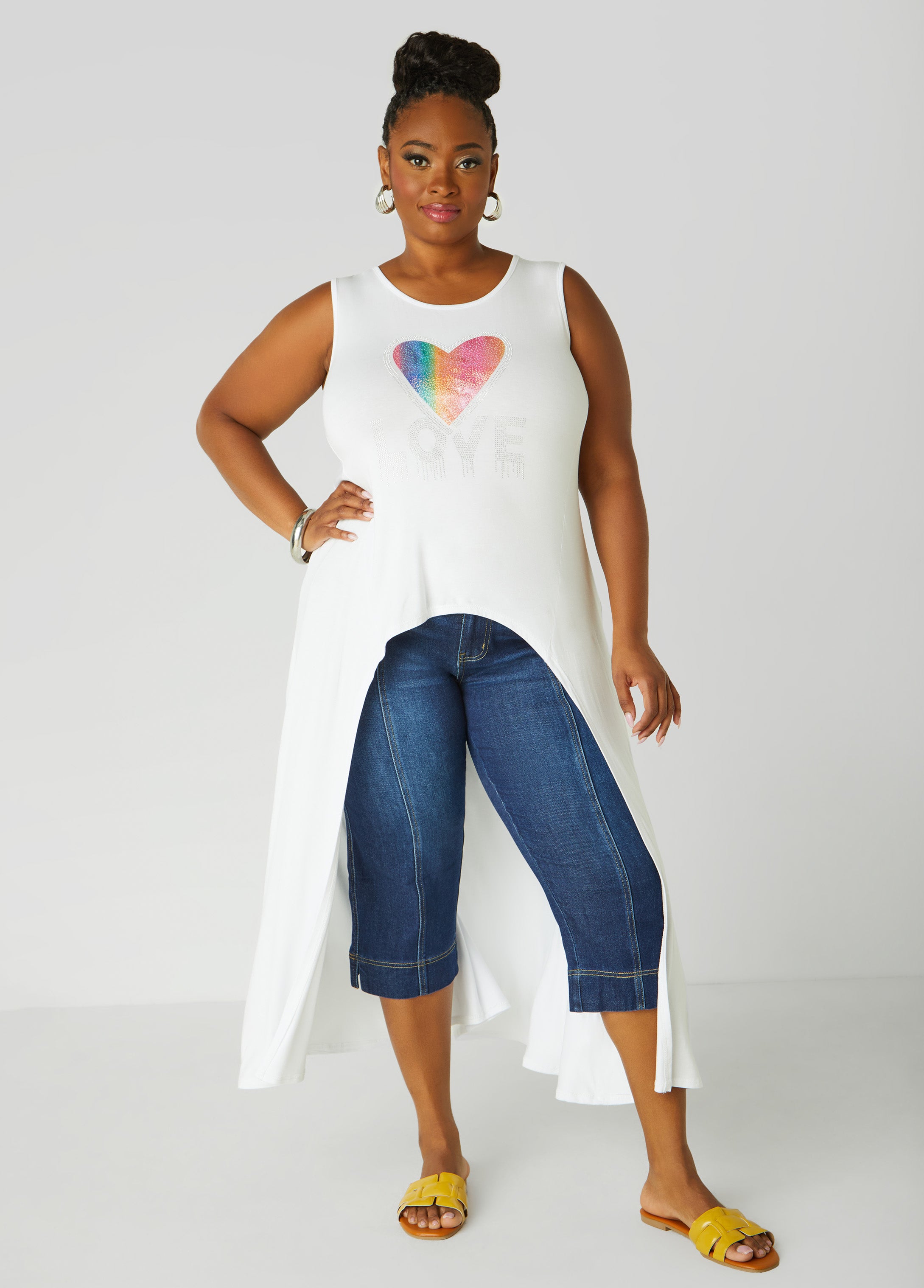 Plus Size Love Embellished Hi Low Top, White, 14/16 - Ashley Stewart
