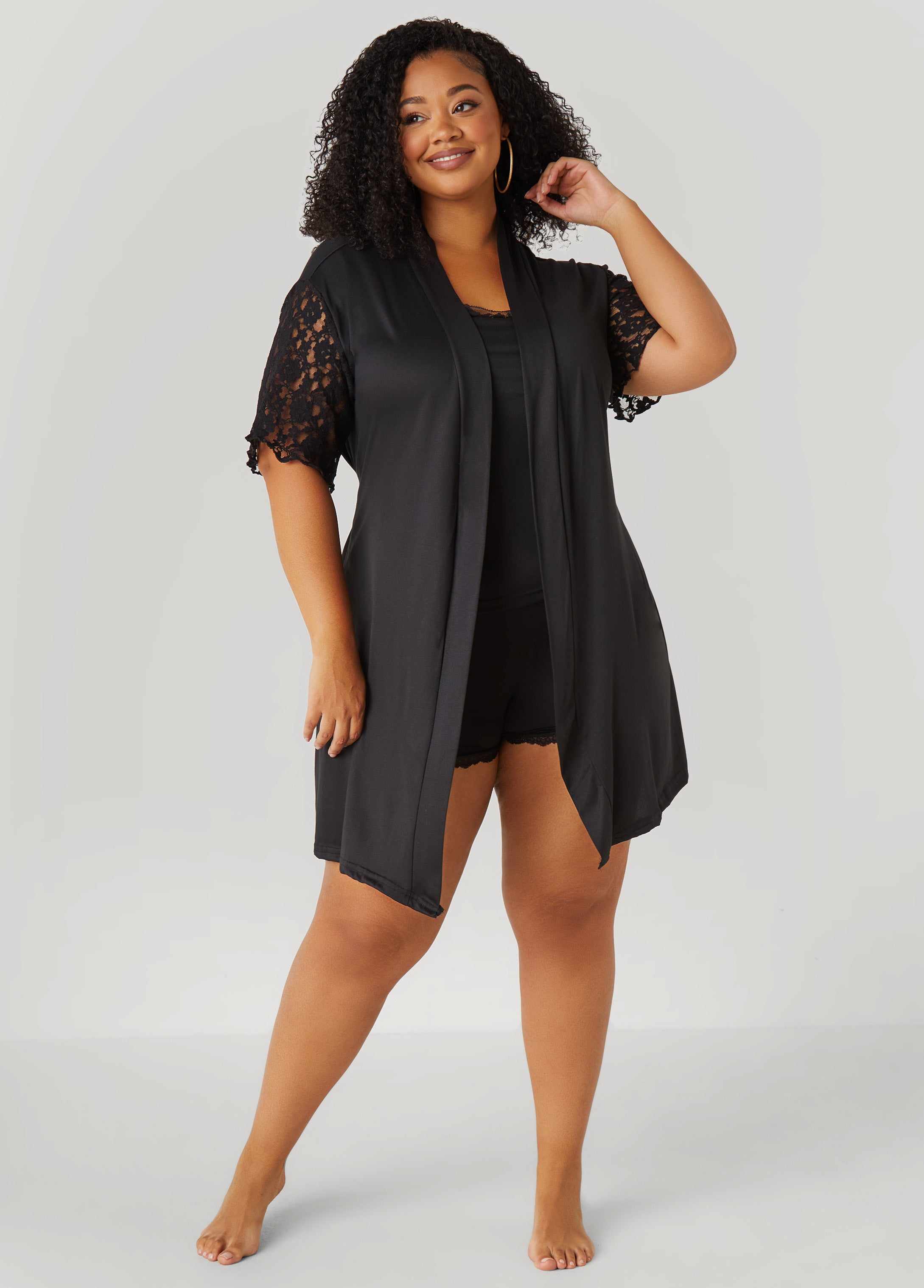 Plus Size Love To Sleep Lace Paneled 3 Pc Set, Black, 1X - Ashley Stewart