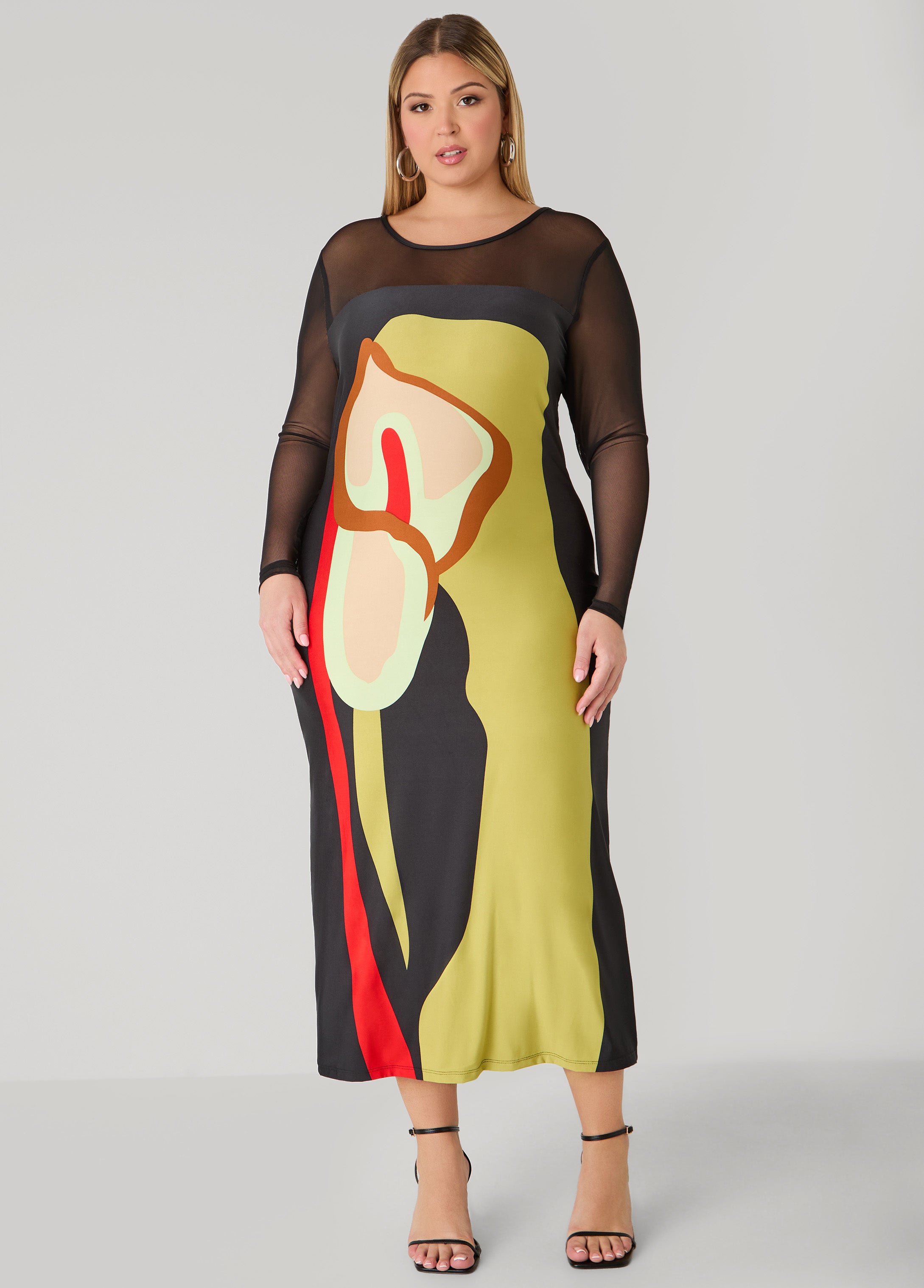 Plus Size Mesh Paneled Floral Midaxi Dress, Multi, 22/24 - Ashley Stewart