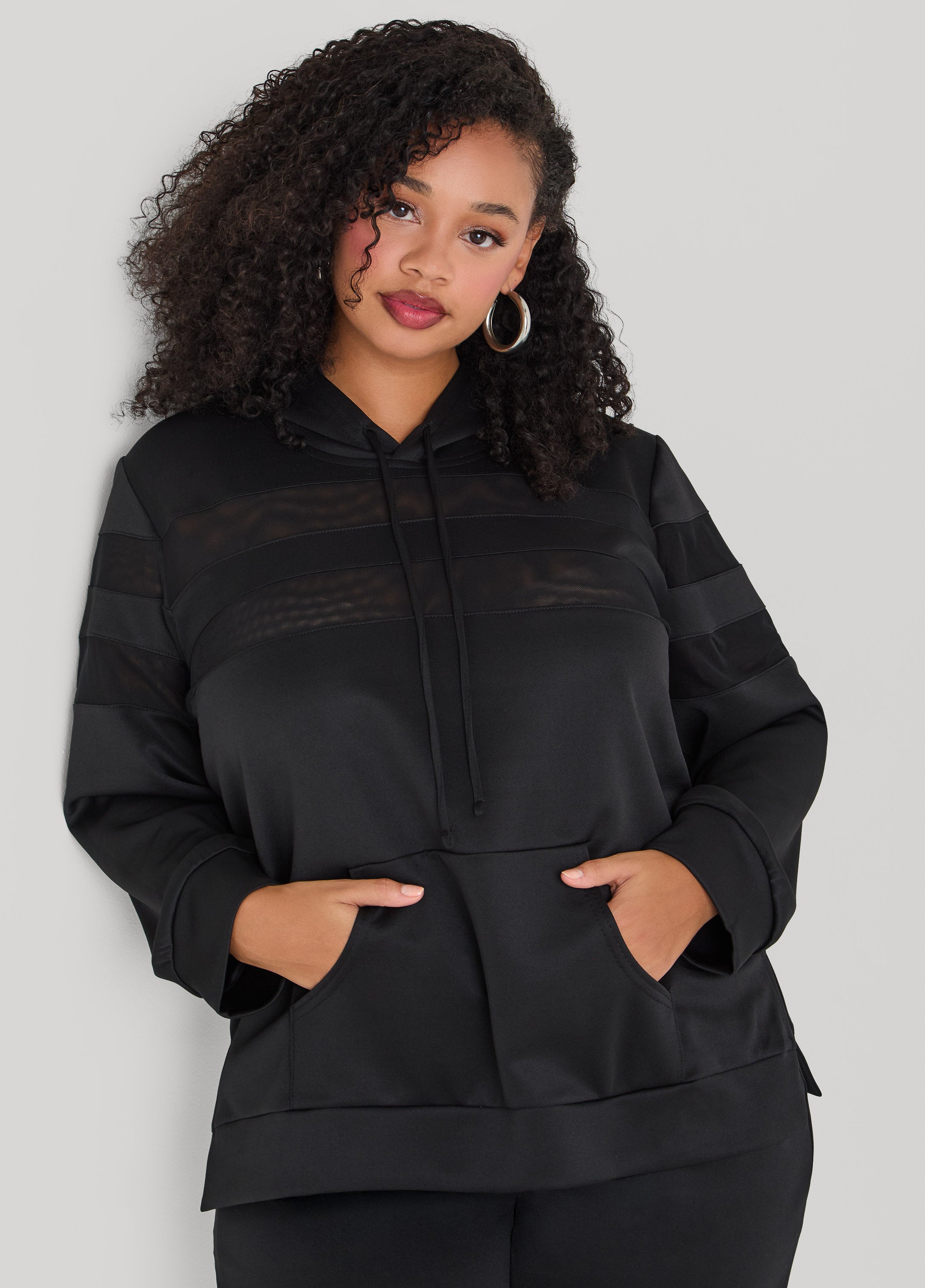Plus Size Mesh Paneled Hoodie, Black, 34/36 - Ashley Stewart
