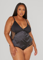 Plus Size Mesh Paneled Satin Cami Set, Black, 1X - Ashley Stewart