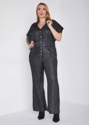 Plus Size Metallic Coated Denim Jumpsuit, Silver, 34/36 - Ashley Stewart
