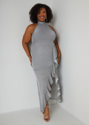 Plus Size Metallic Halter Gown, Silver, 14 - Ashley Stewart