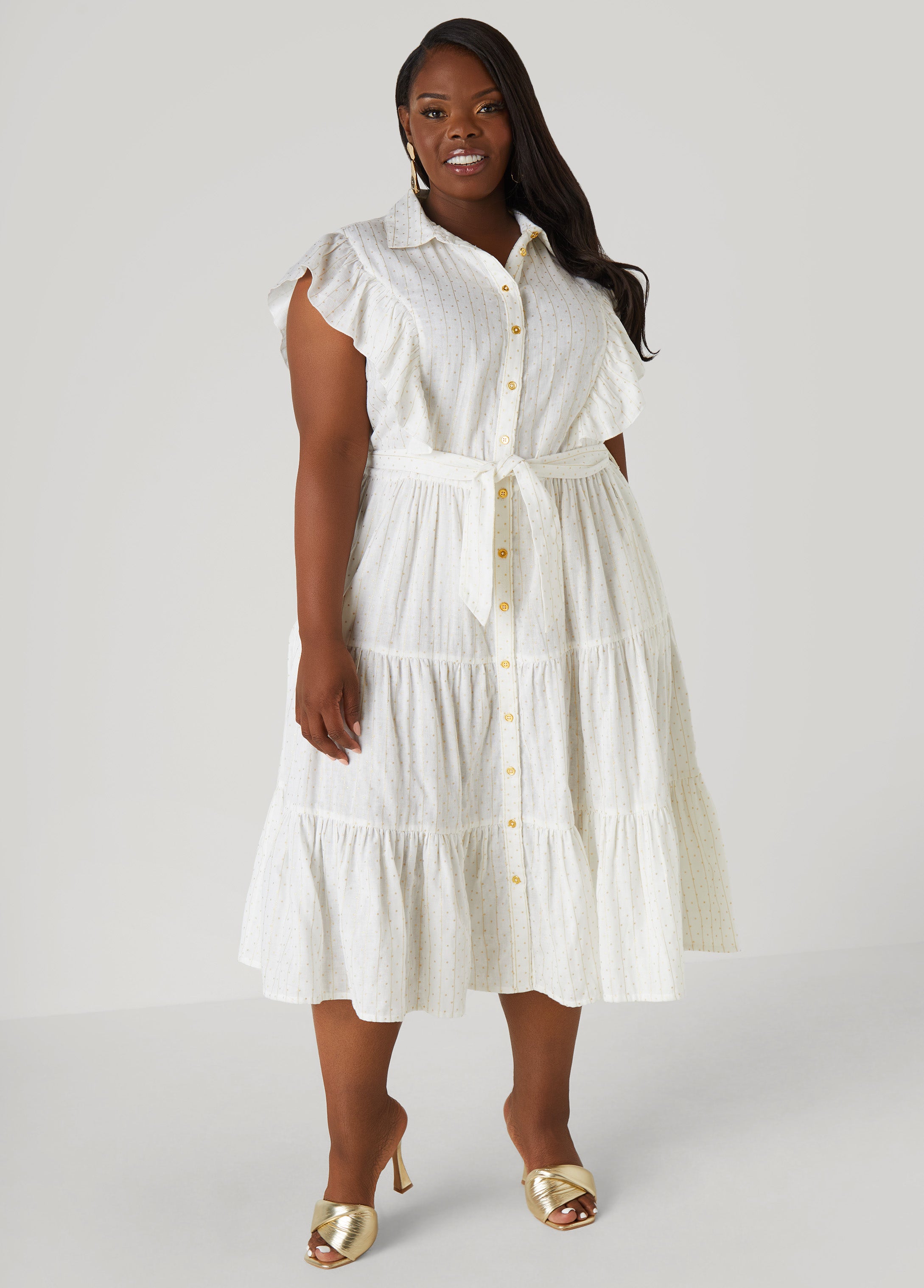Plus Size Metallic Print Cotton Midaxi Dress, White, 26/28 - Ashley Stewart