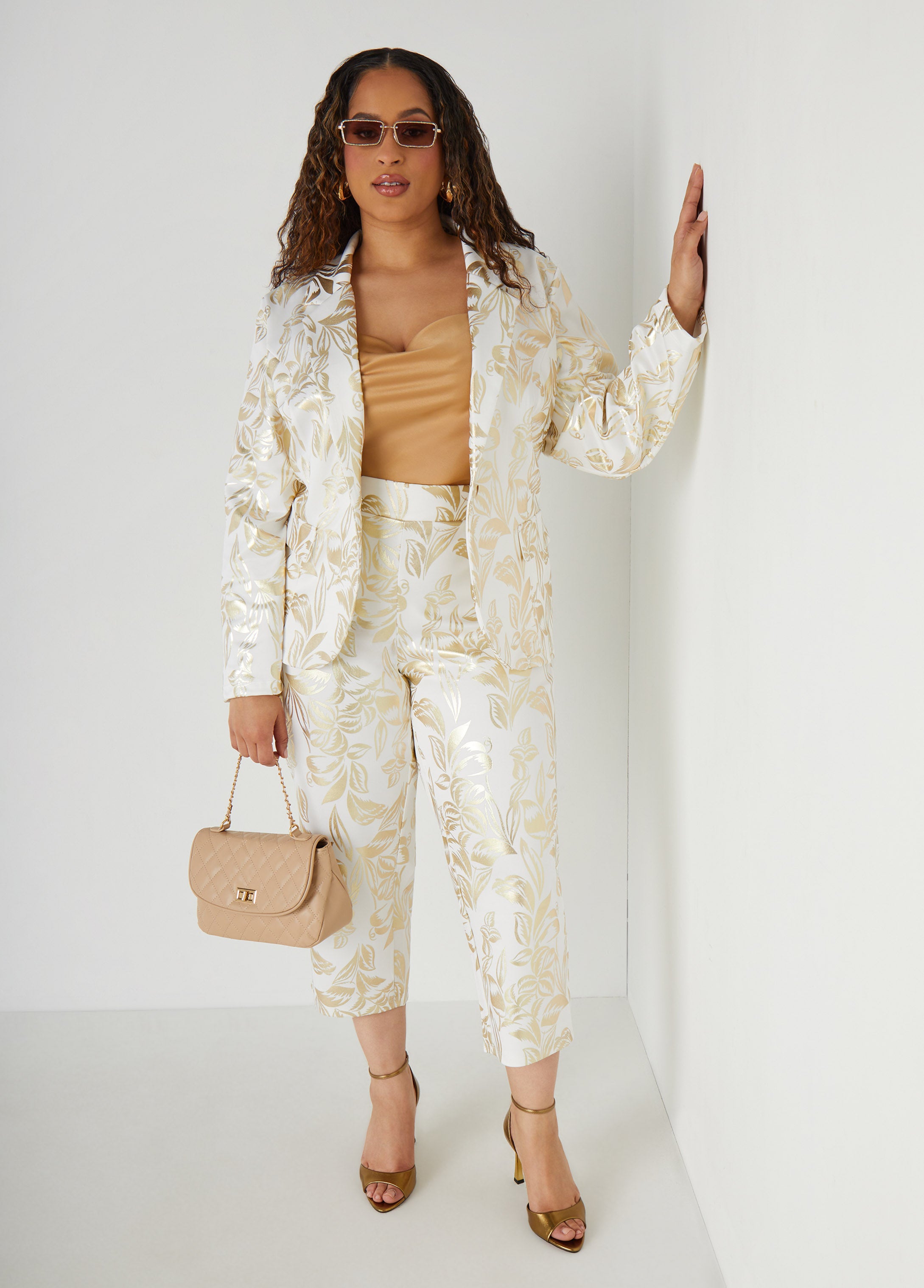 Plus Size Metallic Tropical Print Capris, White, 36 - Ashley Stewart