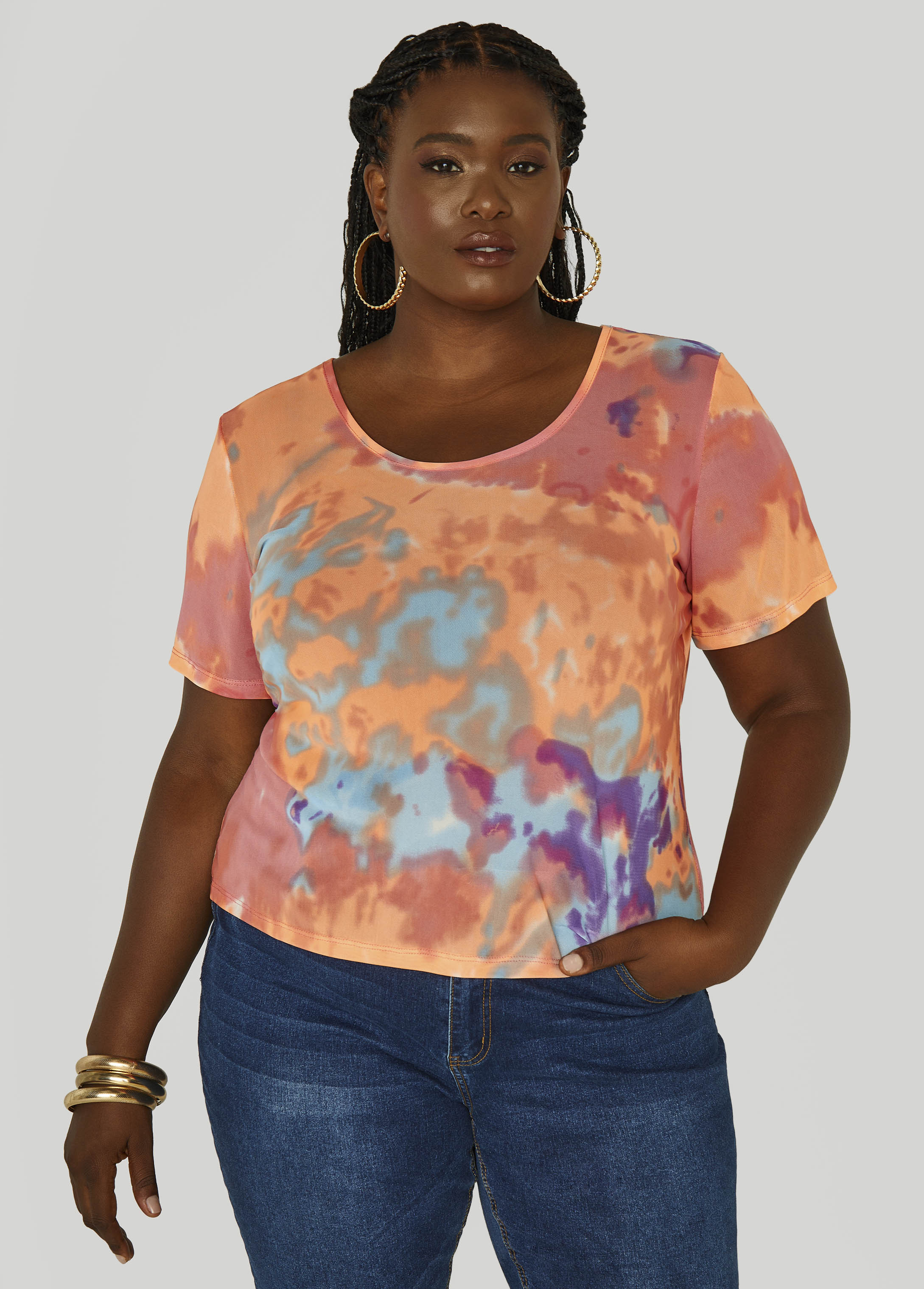 Plus Size Neon Printed Mesh Tee, Multi, 10/12 - Ashley Stewart
