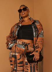 Plus Size Newspaper Print Drawstring Jacket, Caramel Cafe, 18/20 - Ashley Stewart