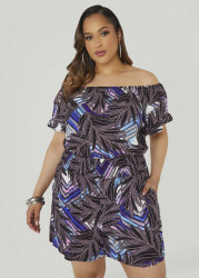 Plus Size Off The Shoulder Geo Print Romper, Black Combo, 34/36 - Ashley Stewart