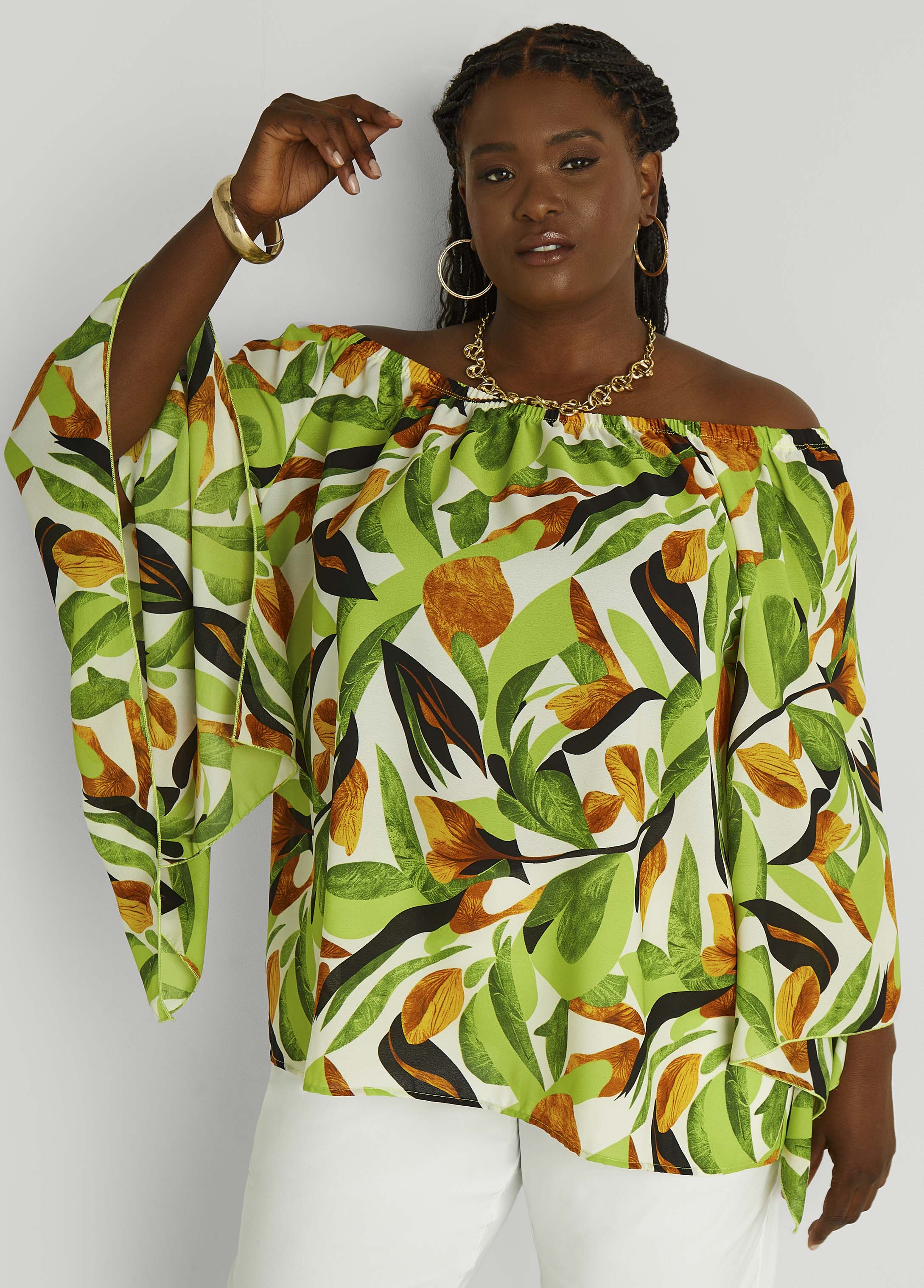 Plus Size Off The Shoulder Leaf Print Blouse, Multi, 26/28 - Ashley Stewart