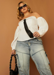 Plus Size Off The Shoulder Tie Detailed Shirt, White, 28 - Ashley Stewart