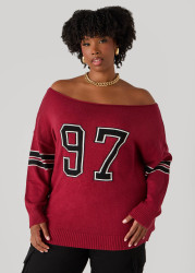 Plus Size Off The Shoulder Varsity Sweater, MAUVE WINE, 34/36 - Ashley Stewart
