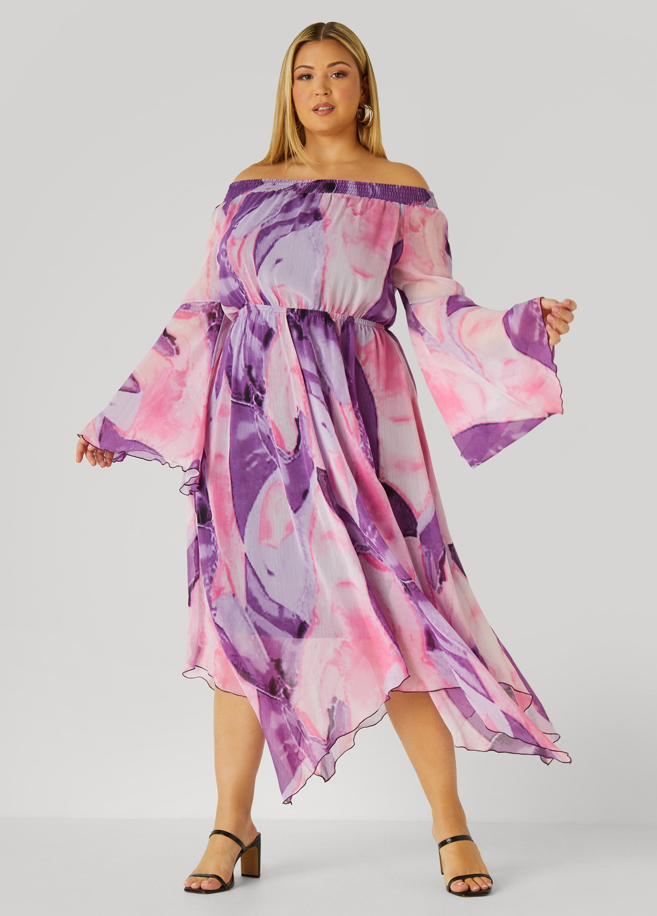 Plus Size Off The Shoulder Watercolor Dress, Purple Magic, 18/20 - Ashley Stewart