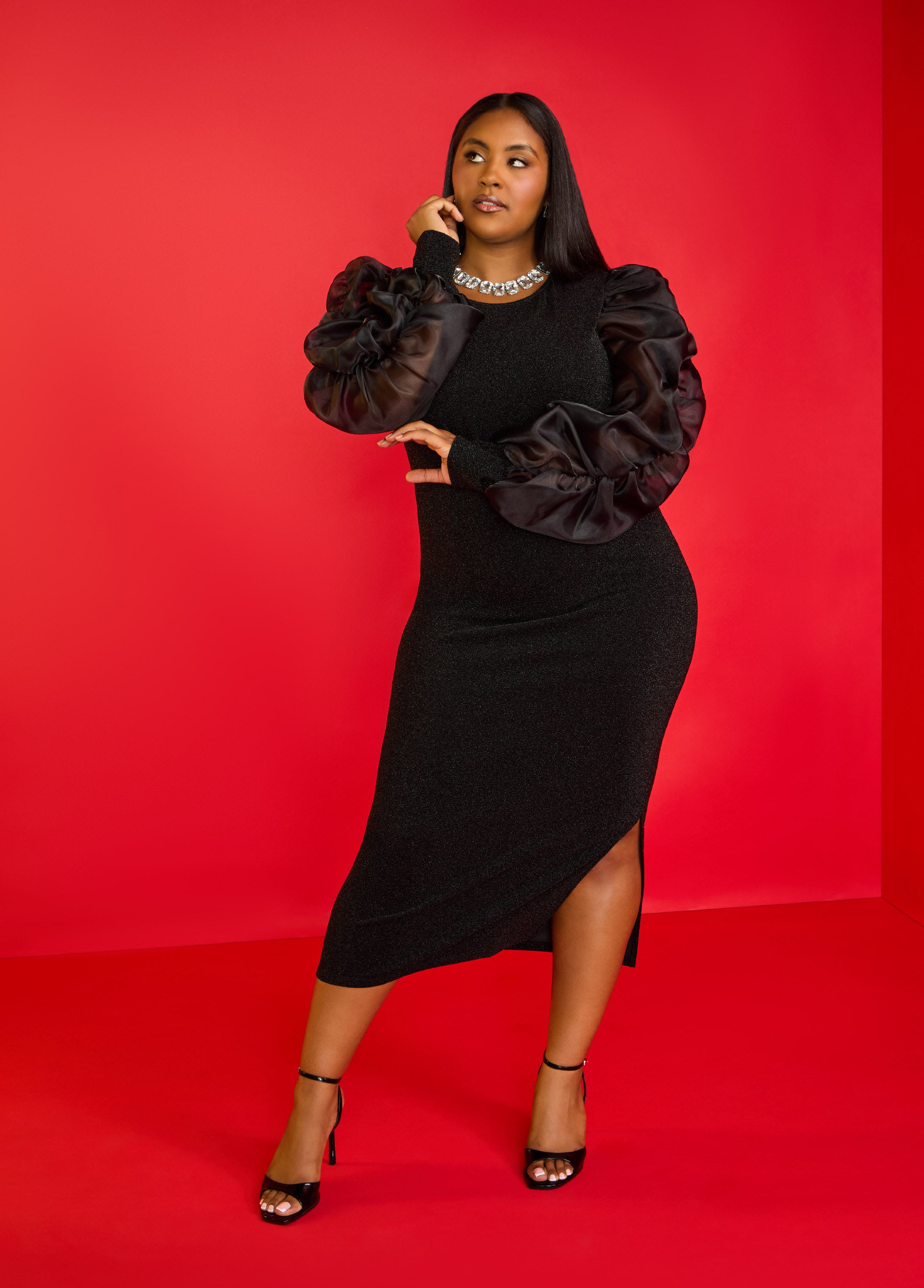 Plus Size Organza Paneled Lurex Dress, Black, 12 - Ashley Stewart