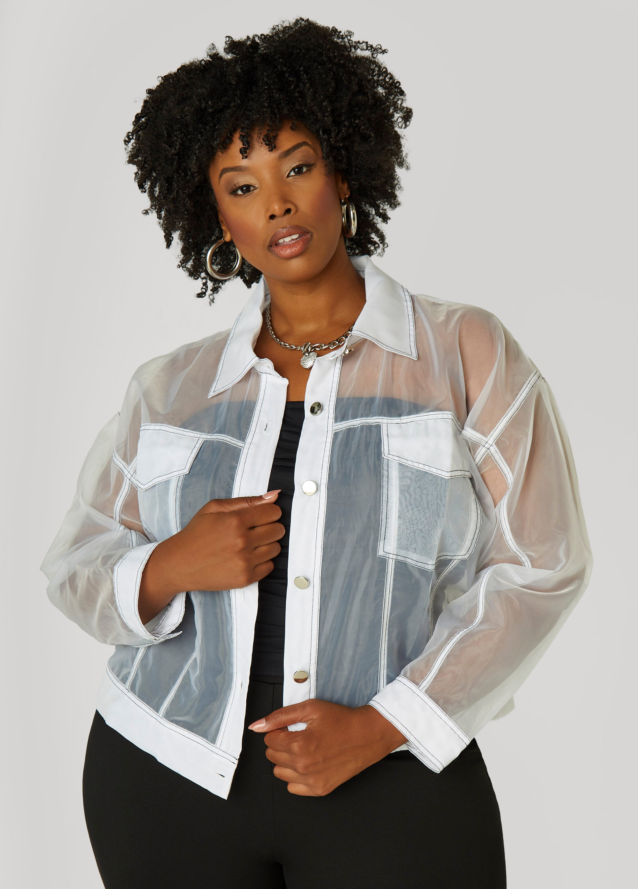 Plus Size Organza Trucker Jacket, White, 14/16 - Ashley Stewart