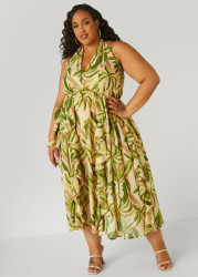Plus Size Palm Print Maxi Halter Dress, MOSS, 26/28 - Ashley Stewart