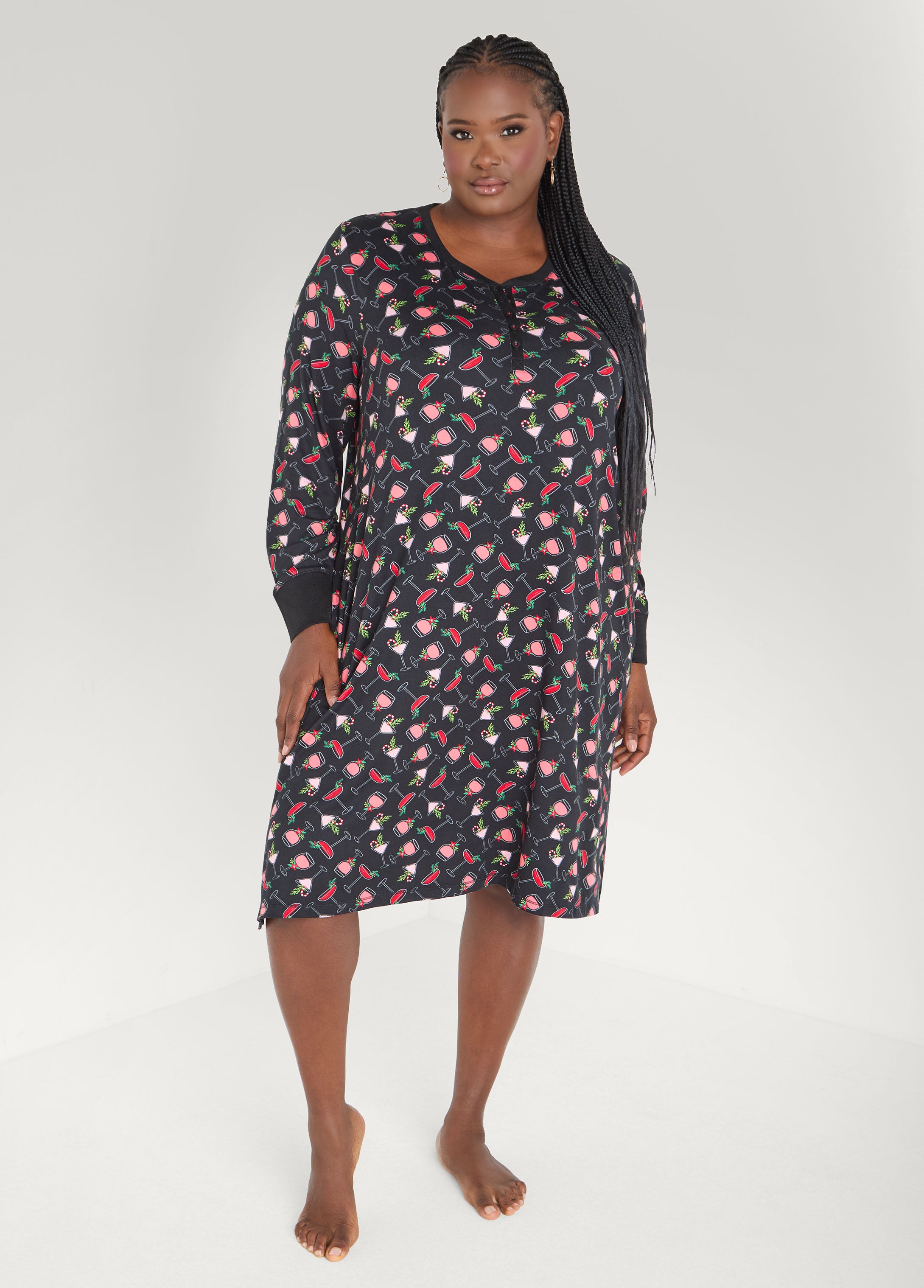 Plus Size Pillow Talk Wine Glass Sleepshirt, Black, 1X - Ashley Stewart