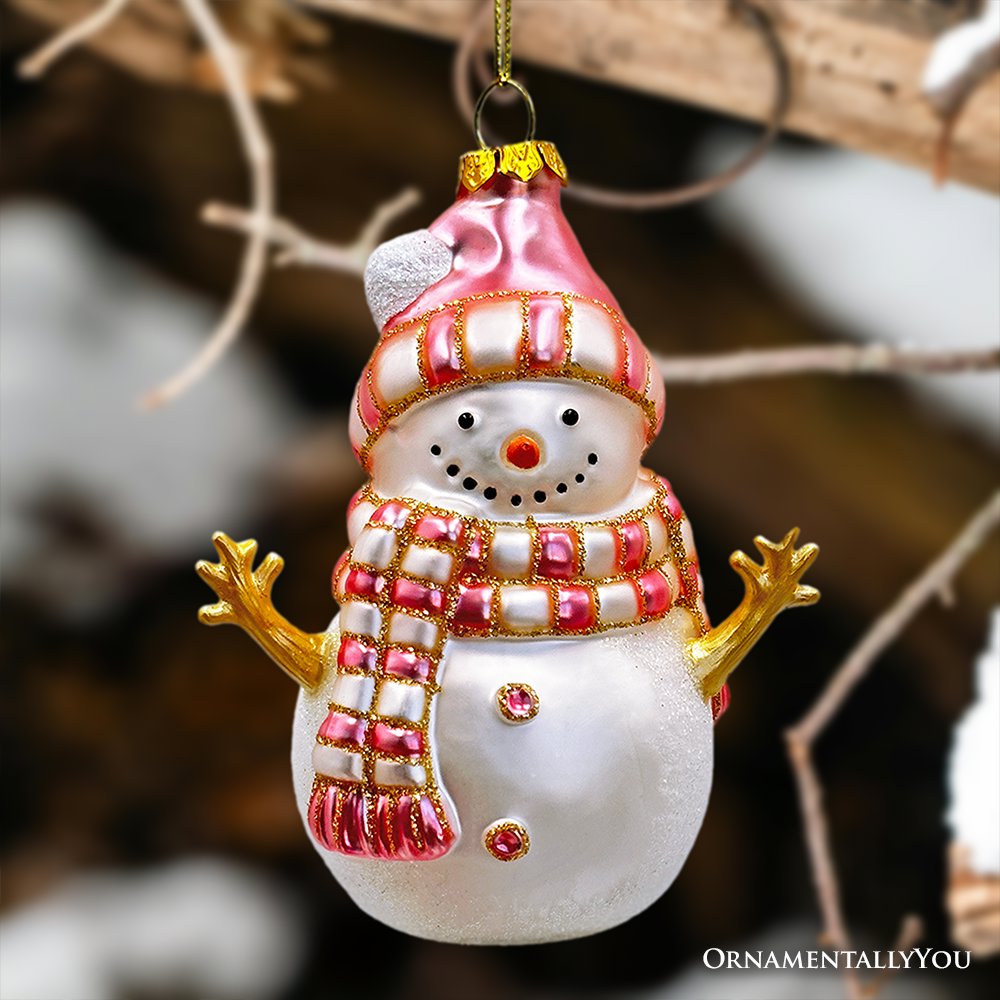 Plus Size Pink Snowman Glass Ornament, Eclectic Christmas Tree Decor, Default Title,  - Ashley Stewart