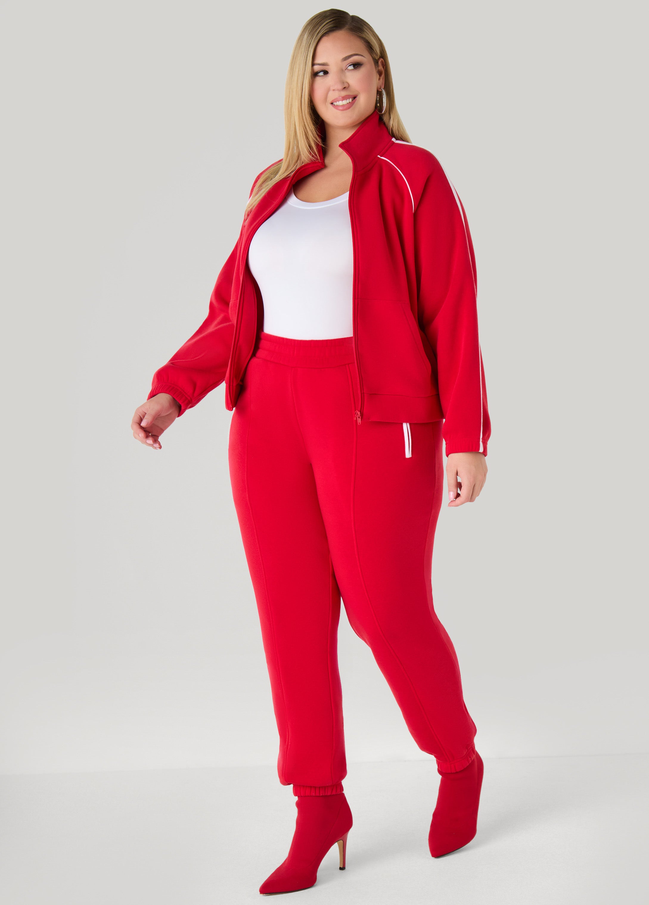 Plus Size Piped Fleece Joggers, Lychee, 30/32 - Ashley Stewart