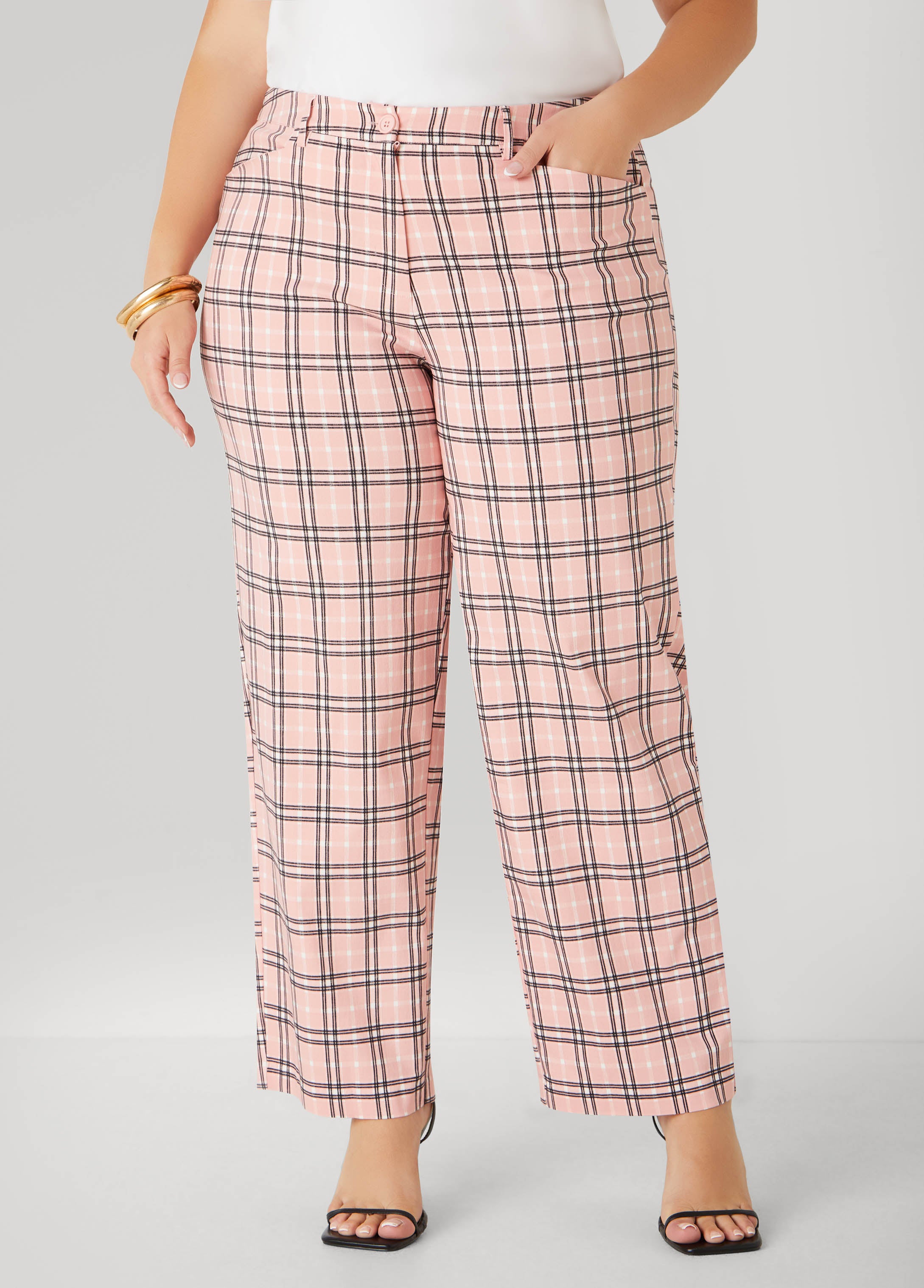 Plus Size Plaid High Rise Trousers, Bridal Rose, 12 - Ashley Stewart