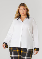 Plus Size Plaid Trimmed Poplin Shirt, White, 10 - Ashley Stewart