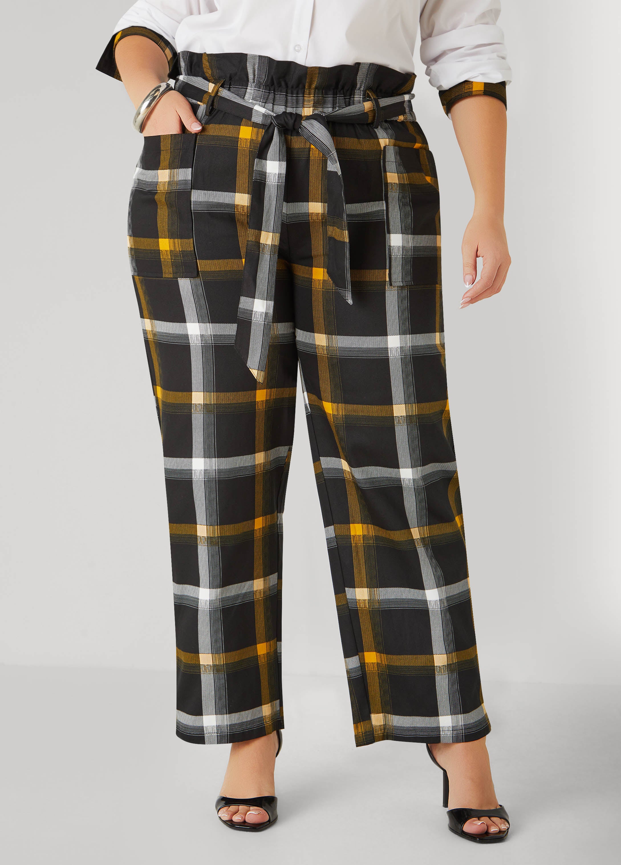 Plus Size Plaid Twill Paperbag Pants, Black, 14 - Ashley Stewart
