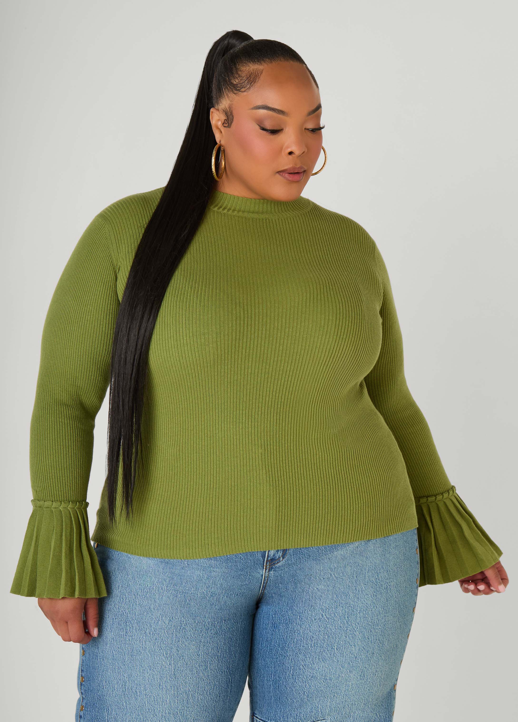 Plus Size Pleated Bell Sleeve Sweater, Mango Mint, 26/28 - Ashley Stewart
